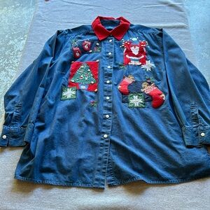 EUC Karen Scott Plus size winter denim embroidered shirt- Size 1X.